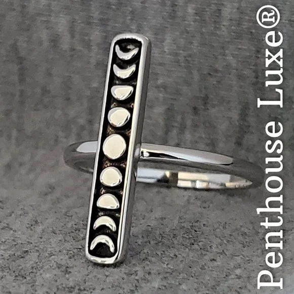 SOLID 925 Sterling Silver Silver Moon Phase Vertical Stacked Ring - Picture 1 of 6